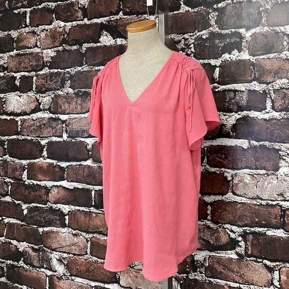 Ann Taylor Blouse V-Neck Synched Shoulders Bubble Gum Pink Size Large L - Picture 5 of 16